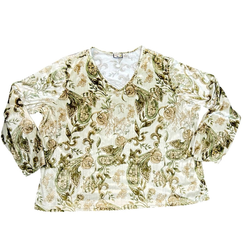Caribbean Joe Woman Top SZ 3X Sage Green Ivory Paisley Polyester Velvet